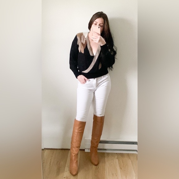 Vintage 80s 90s Black Tan Leaf Sequin Embroidered Crossover Sweater Medium - Picture 9 of 11